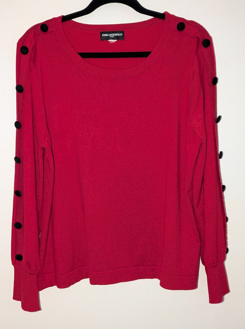 Karl Lagerfeld Red Crewneck Sweater with Black Button Accents (XL -1X)